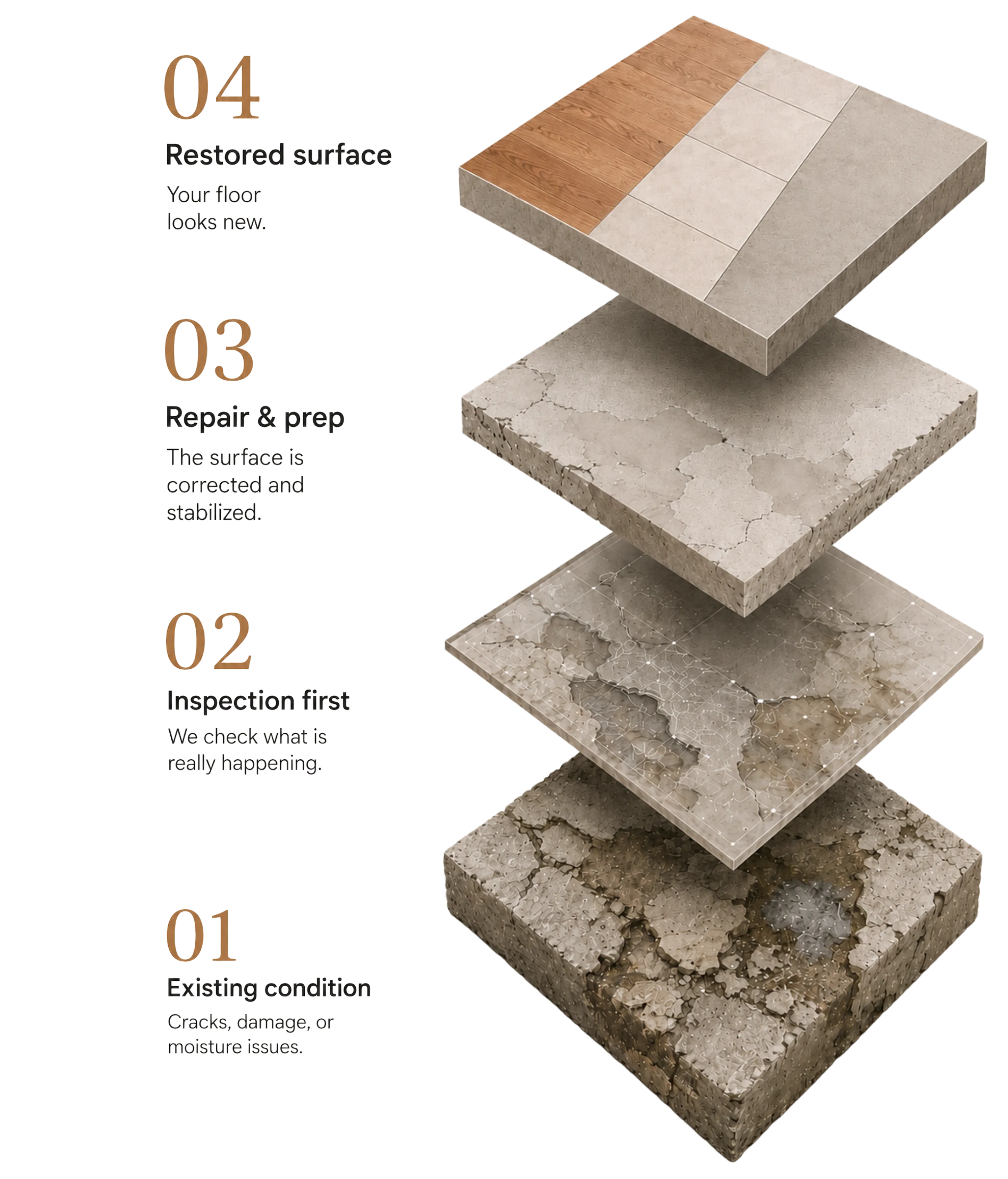 Exploded diagram showing a new floor finish above removal, adhesive cleanup, grinding, leveling, crack repair and the existing concrete slab